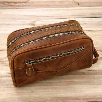 Genuine Leather Crazy Horse Travel Storage Bag – Vintage Cowhide Double Zipper Handbag